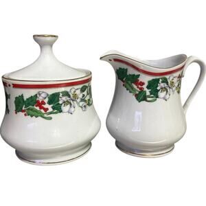 Lynn's Fine China St. Maria Holly Wreath Christmas creamer & sugar bowl set.